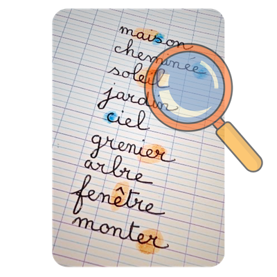 Liste de mots de dict&eacute;e &eacute;crits &agrave; la main, avec des particularit&eacute;s orthographiques surlign&eacute;es en couleur et une loupe pour illustrer l'observation des mots.