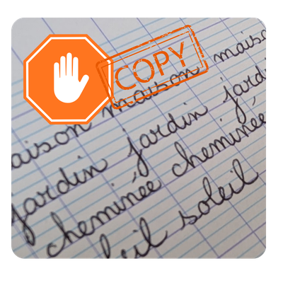 Cahier d'&eacute;criture avec un tampon &laquo; COPY &raquo; et un panneau stop orange, illustrant les limites de la copie r&eacute;p&eacute;titive pour m&eacute;moriser les mots de dict&eacute;e.